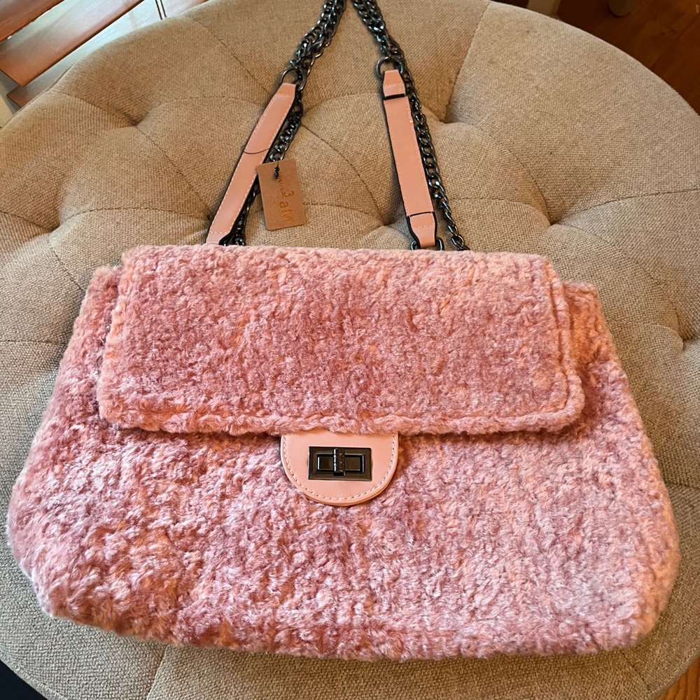 Hello 3 AM Chic Pink Teddy Fur & Faux Leather Shoulder Bag (NWT)